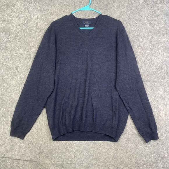 Brooks Brothers 346 Sz L Extra Fine Merino Wool Blue Sweater V-Neck Pullover - Picture 1 of 6